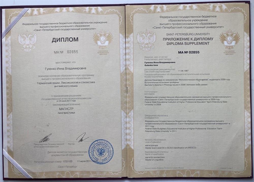 Диплом. СПбГУ, английский язык, степень магистра.