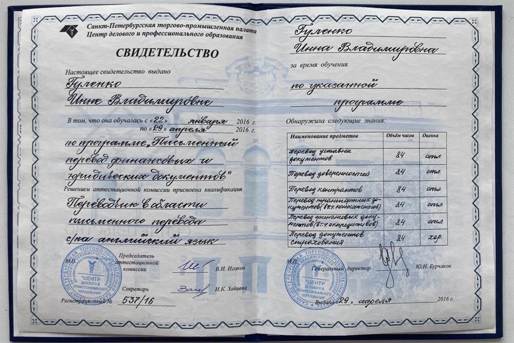 Свидетельство. СПбТПП, письменный перевод с/на английский язык.