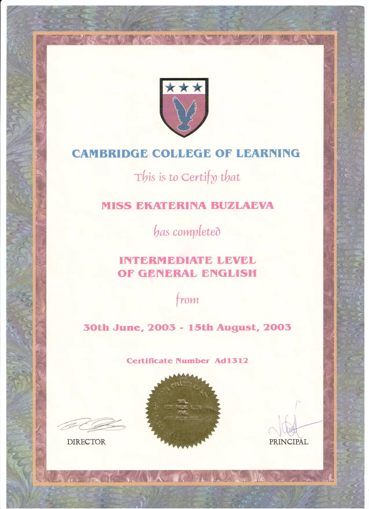 Сертификат London, Cambridge College of Learning, Intermediate Level, 2003