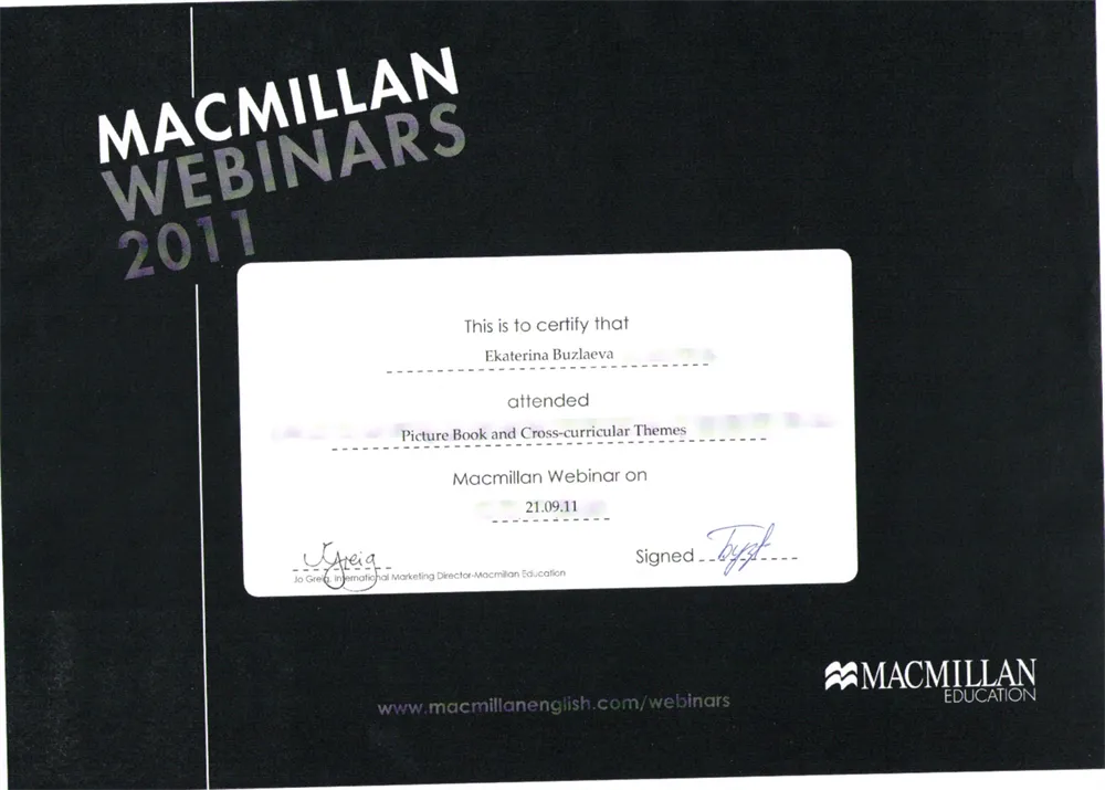 Сертификат Macmillan "Picture books and Cross-curriculum Themes", 2011