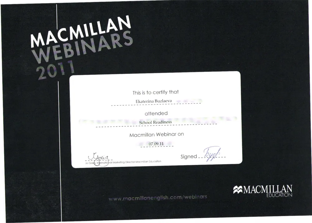 Сертификат Macmillan "School Readiness", 2011