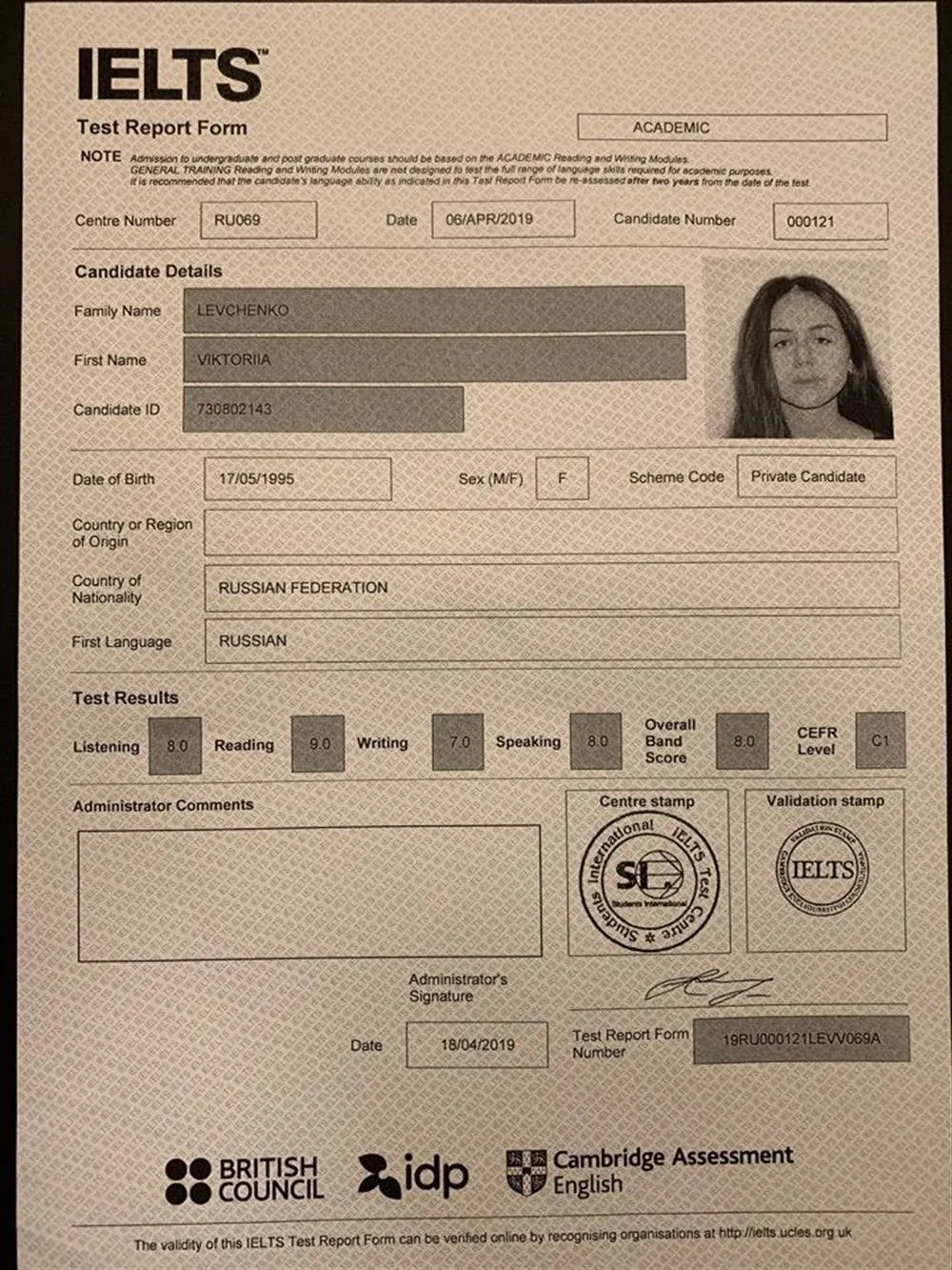 Сертификат IELTS 8.0