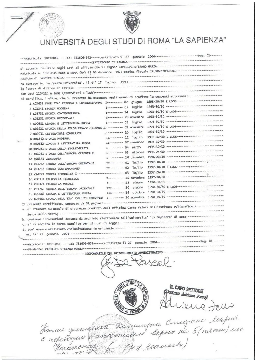 Диплом Римского университета