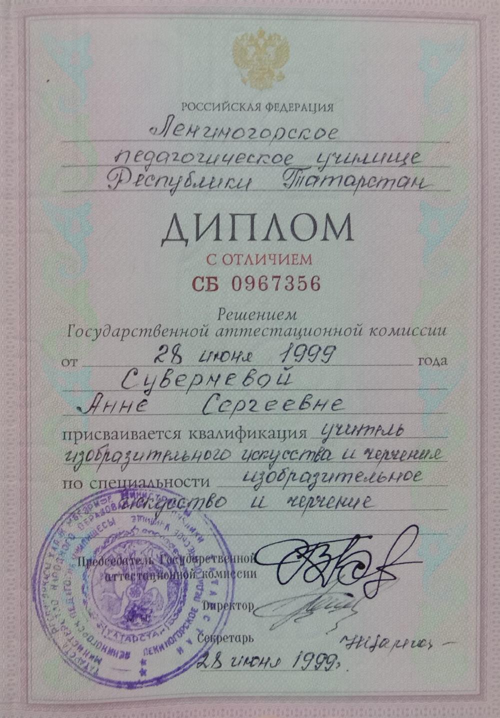 Диплом об окончании художественно-педагогического училища
