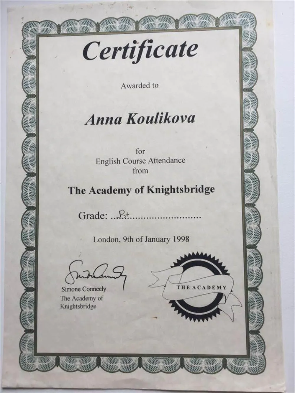Certificate the Academy of Knightsbridge, London, 1998 г