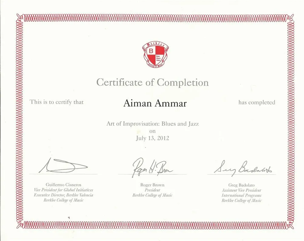 Sertificate of completion. Berklee college of music.