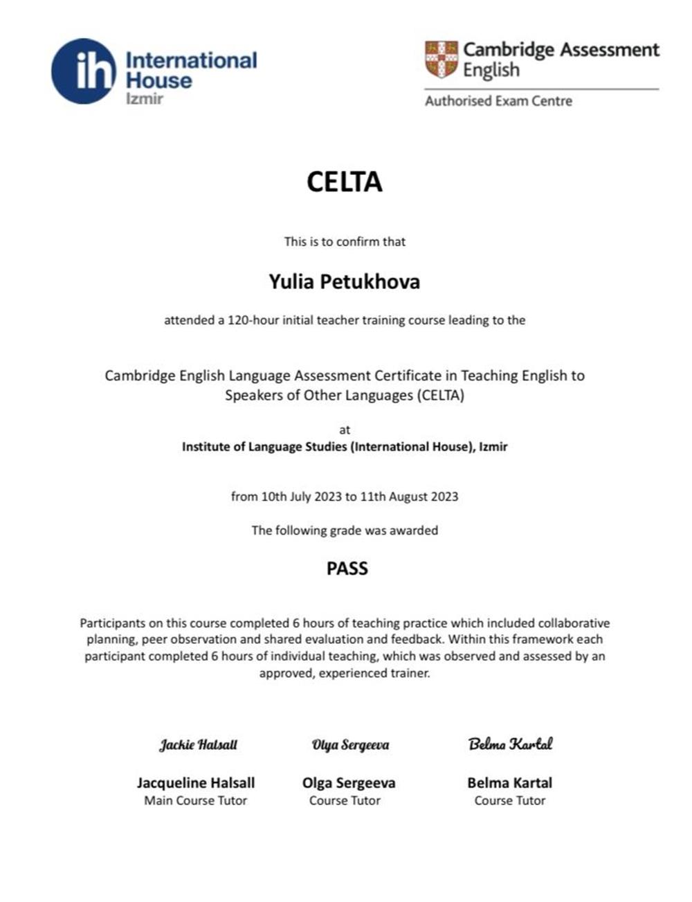 CERTIFICATE IN TEACHING ENGLISH TO SPEAKERS OF OTHER LANGUAGES (CELTA)