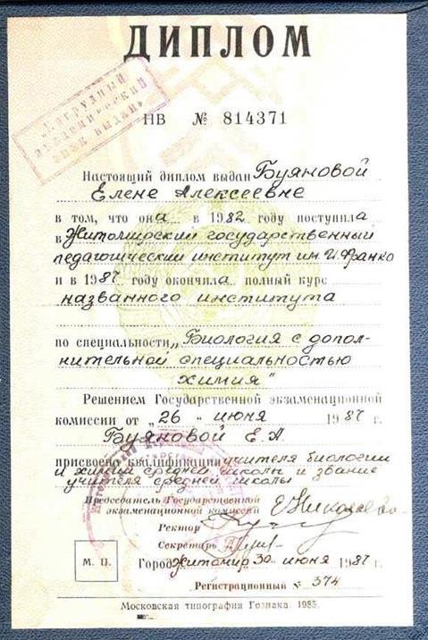 Диплом Василюк (Буяновой) Елены Алексеевны