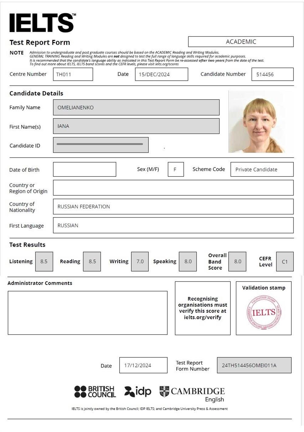 IELTS 8.0 (8.5, 8.5, 7.0, 8.0)