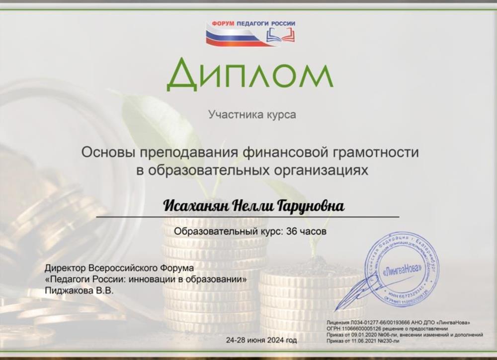 Диплом. Основы преподавания финансовой  грамотности в образовательных организациях