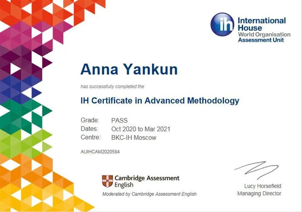 IH CAM Course (International House Certificate in Advanced Methodology). IH CAM Certificate. 
