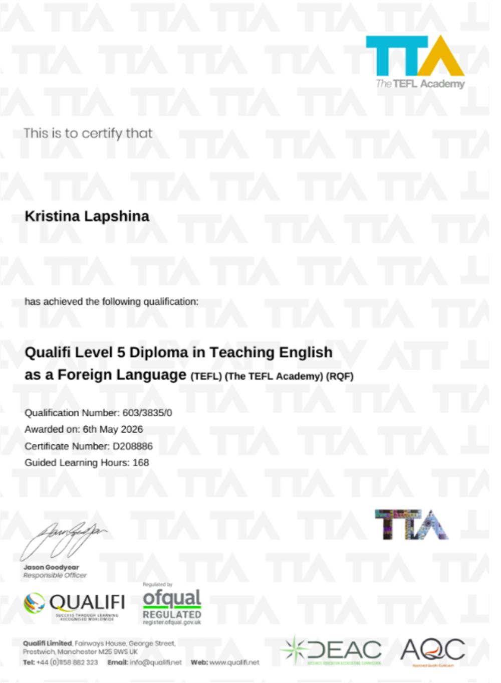 Qualifi Level 5 Diploma in TEFL (RQF, UK regulated). Международная квалификация преподавателя английского языка.