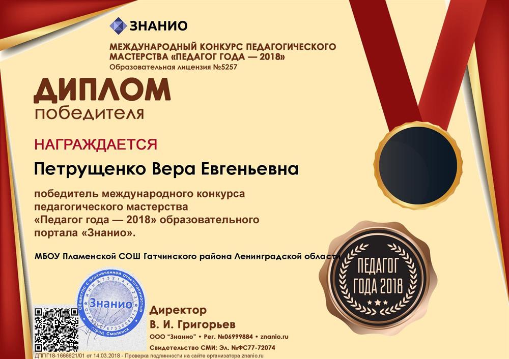 Диплом победителя международного конкурса педагогического мастерства.