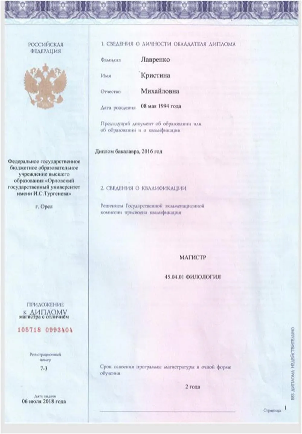 Диплом Магистра (Филология)