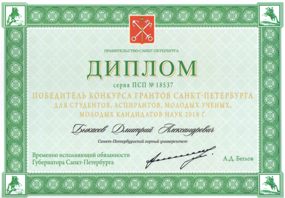 Диплом победителя конкурсов грантов Правительства Санкт-Петербурга