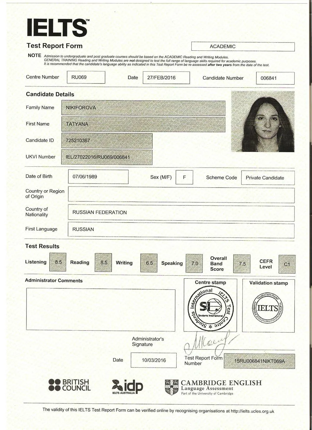IELTS Academic, Department of Cambridge English Language Assessment,  Part of University of Cambridge, 2016