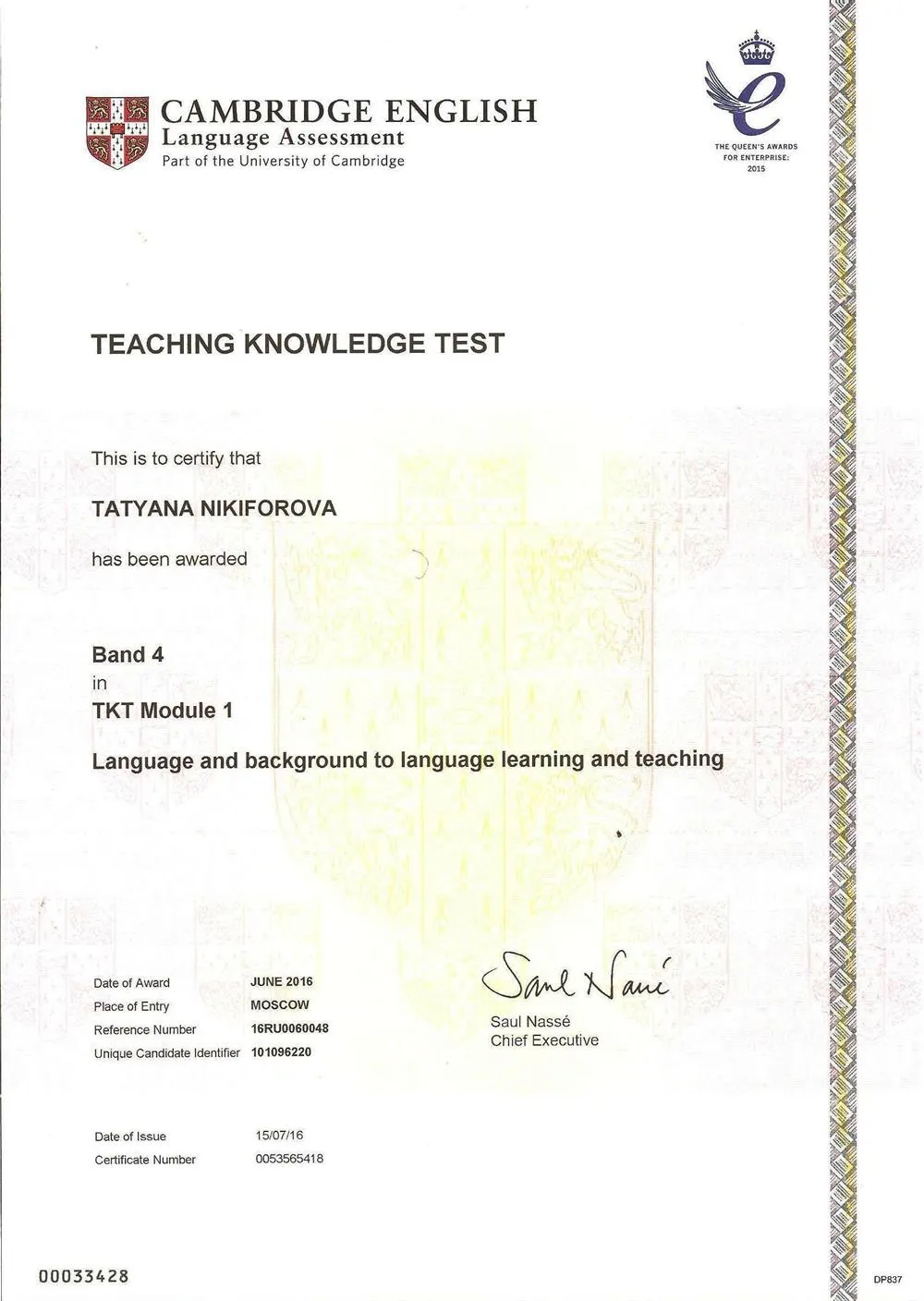 TKT Module 1 (Language and background to language learning and teaching), Department of Cambridge English Language Assessment, Part of University of Cambridge, 2016