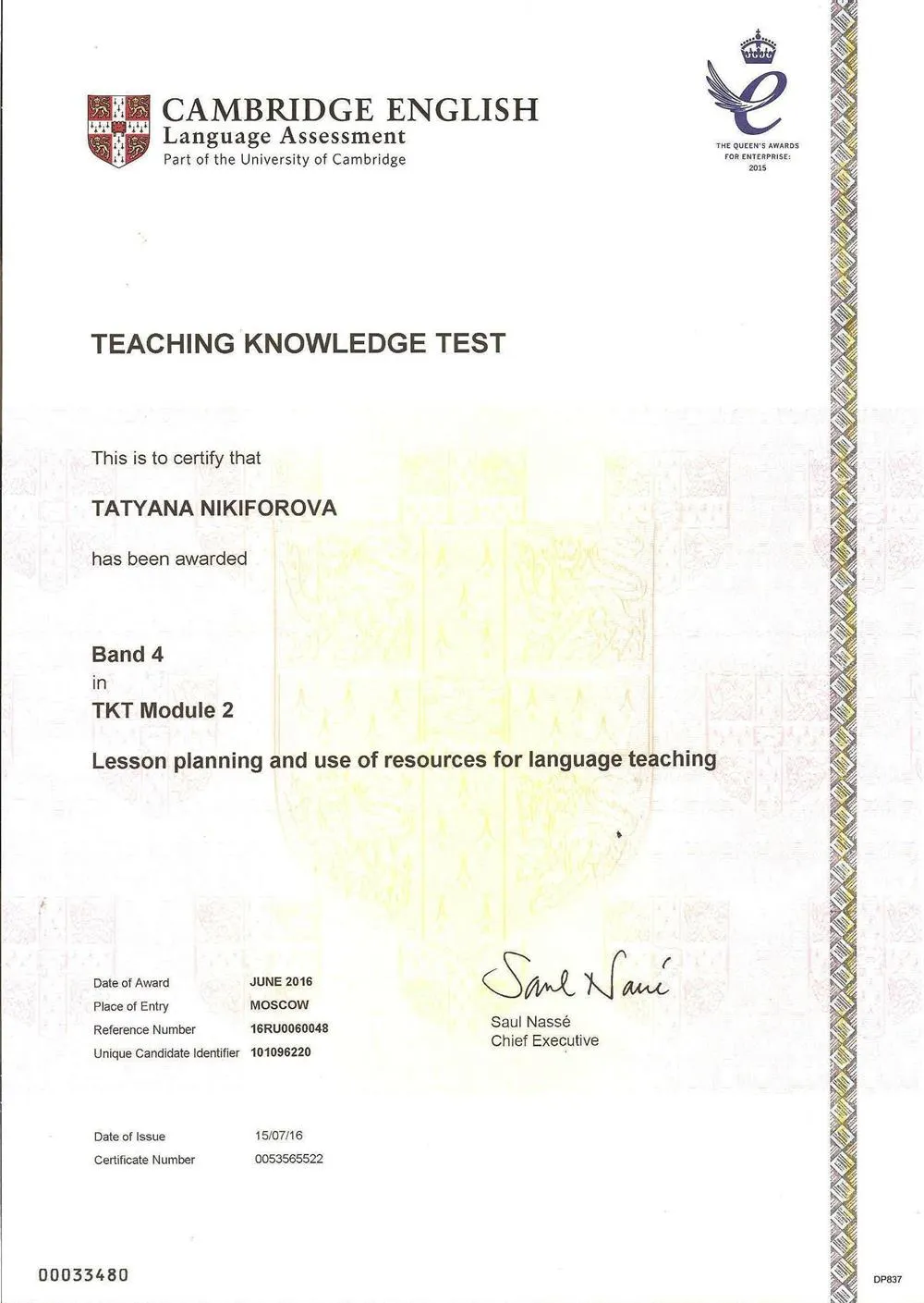 TKT Module 2 (Lesson planning and use of resources for language teaching), Department of Cambridge English Language Assessment, Part of University of Cambridge, 2016