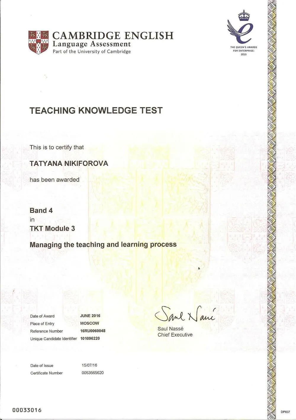 TKT Module 3 (Managing the teaching and learning process), Department of Cambridge English Language Assessment, Part of University of Cambridge, 2016