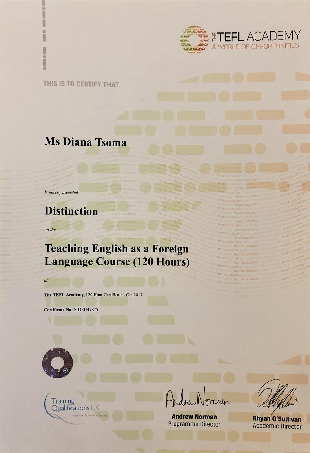 TEFL Academy Certificate with distinction