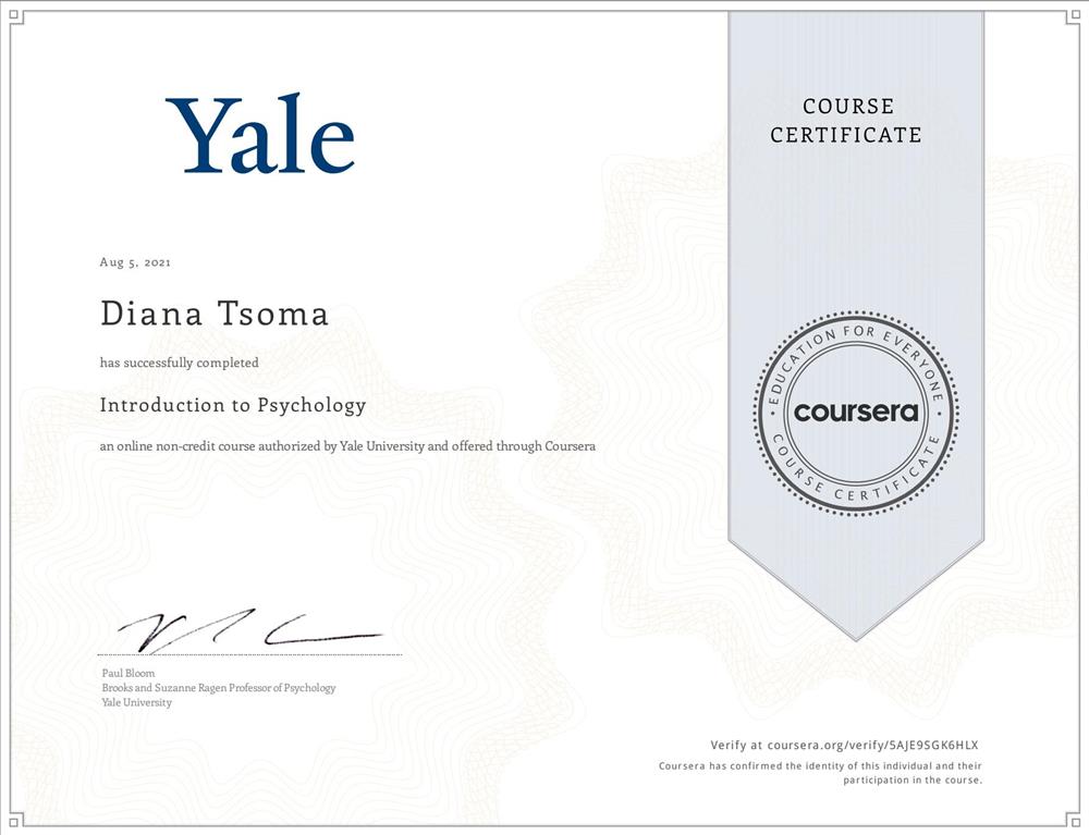 Introduction to Psychology Yale Coursera Certificate