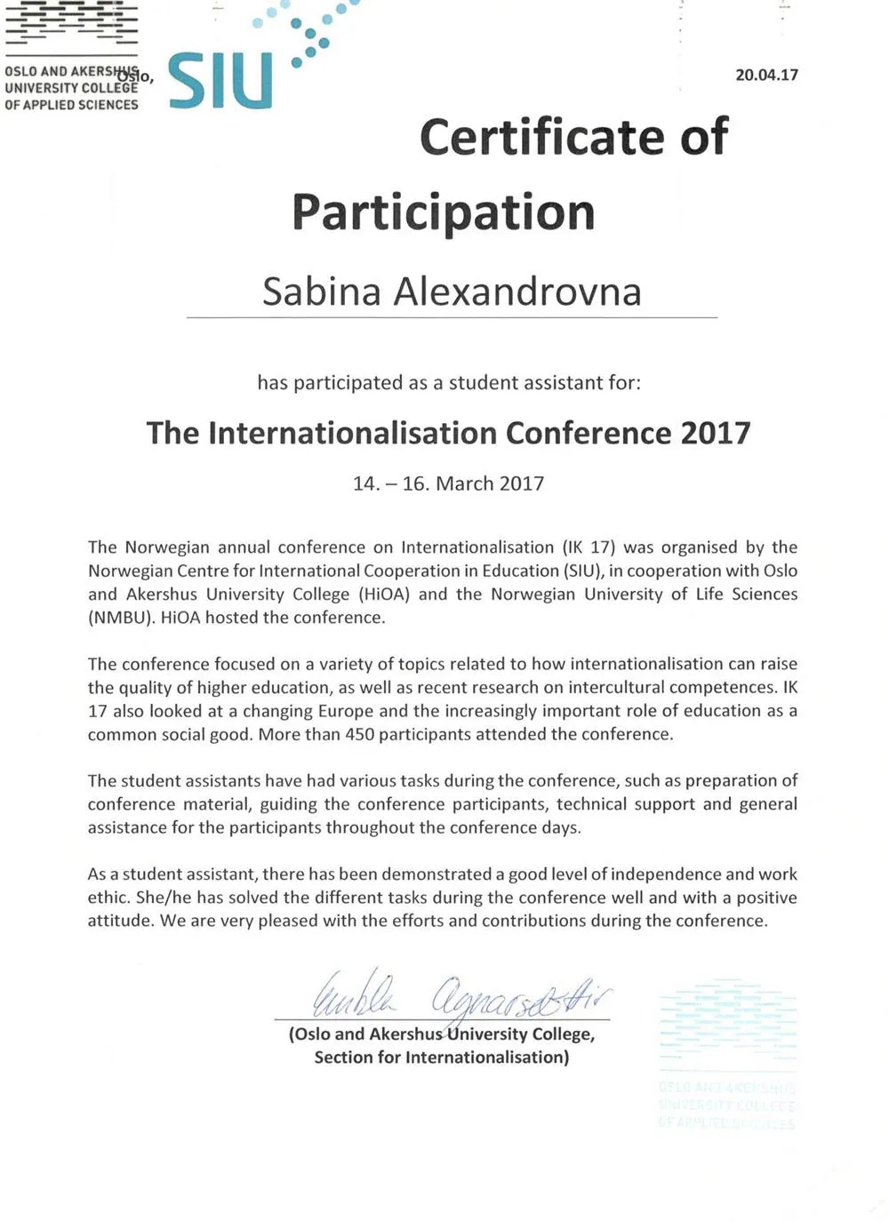 Certificate of particpation in the Internationalisation Conference, Oslo