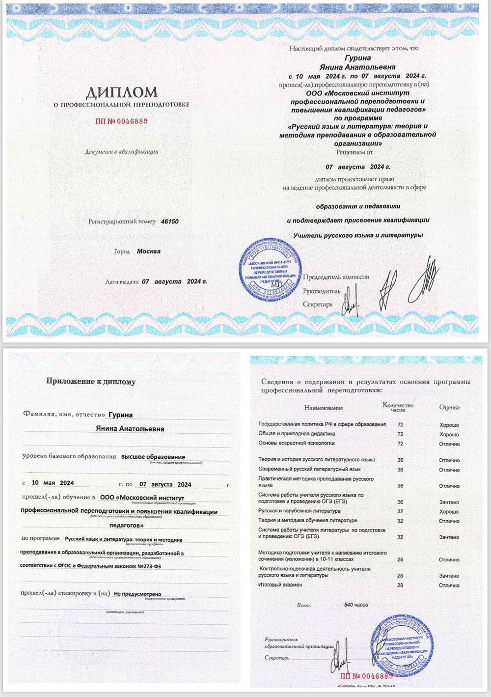 Диплом о профессиональной переподготовки по программе «Учитель русского языка и литературе»