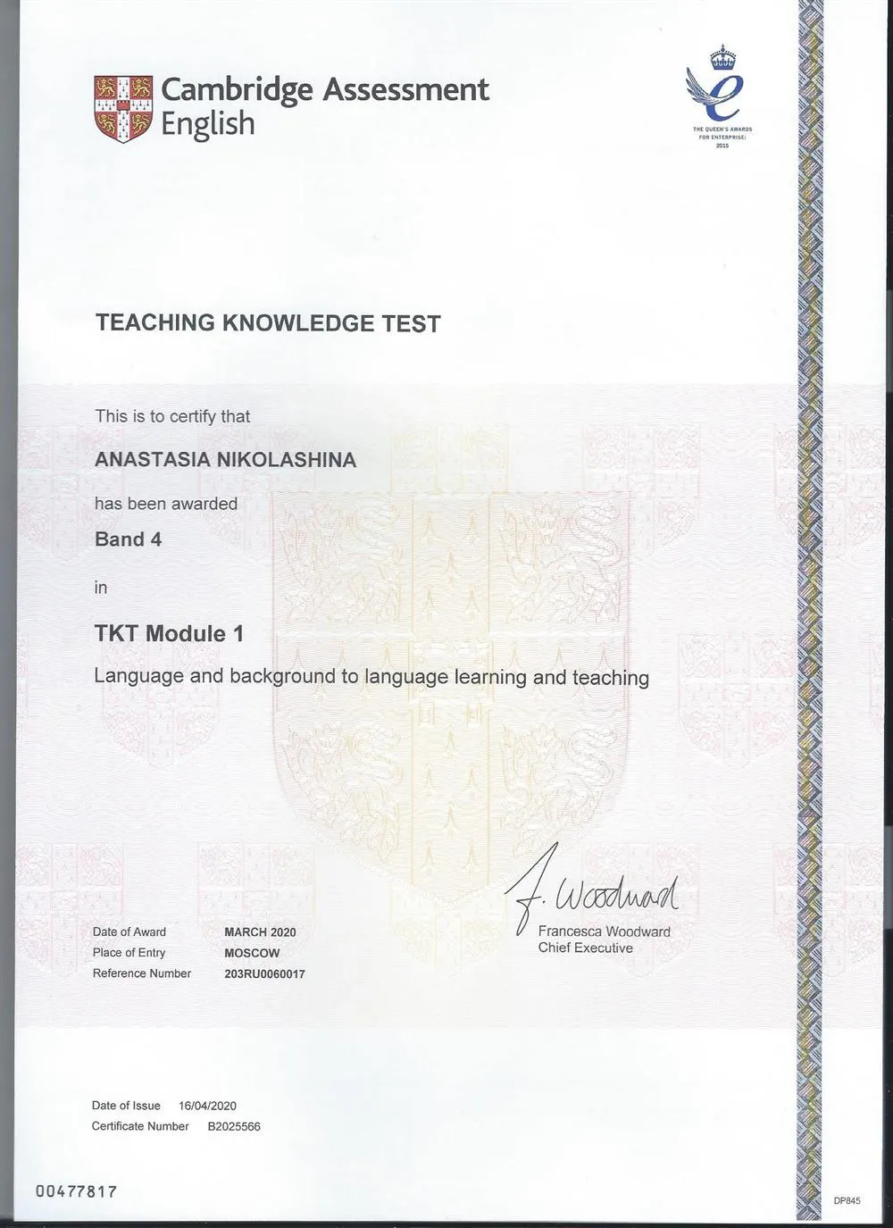 Сертификат TKT (Teaching Knowledge Test) Band 4 (высшая оценка)