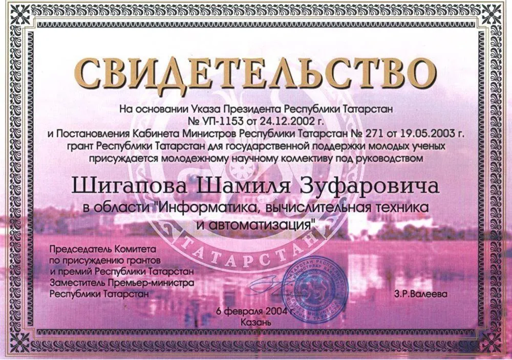 Свидетельство о присуждении Государственного гранта (2005)