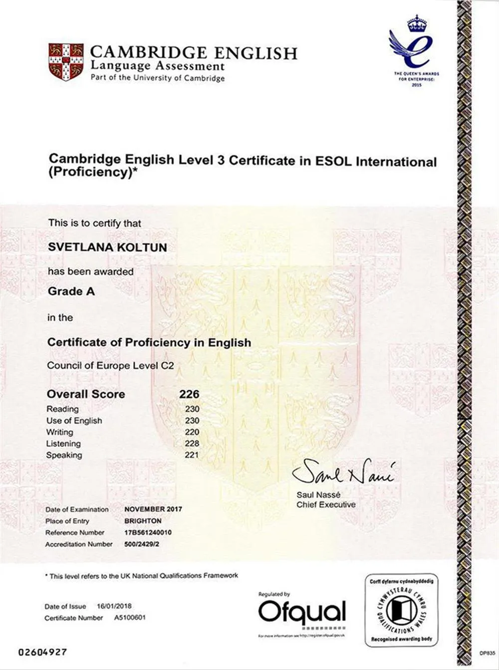 Cambridge Proficiency Certificate