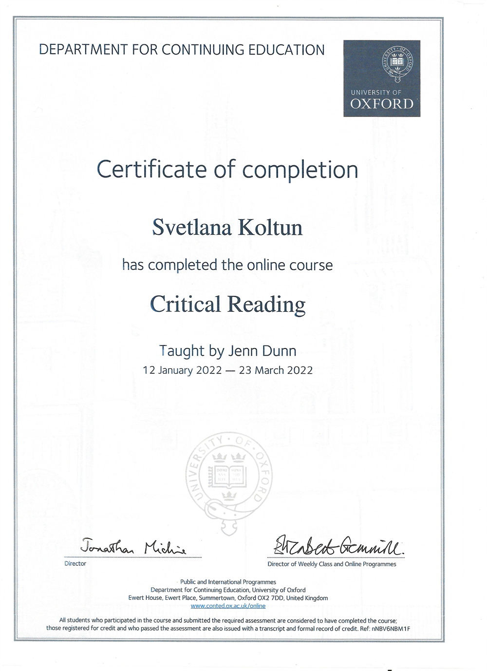 Сертификат. Oxford University. The online course "Critical Reading"