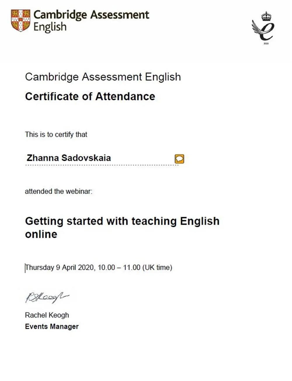 Cambridge Teaching Certificate of attendance (2020)