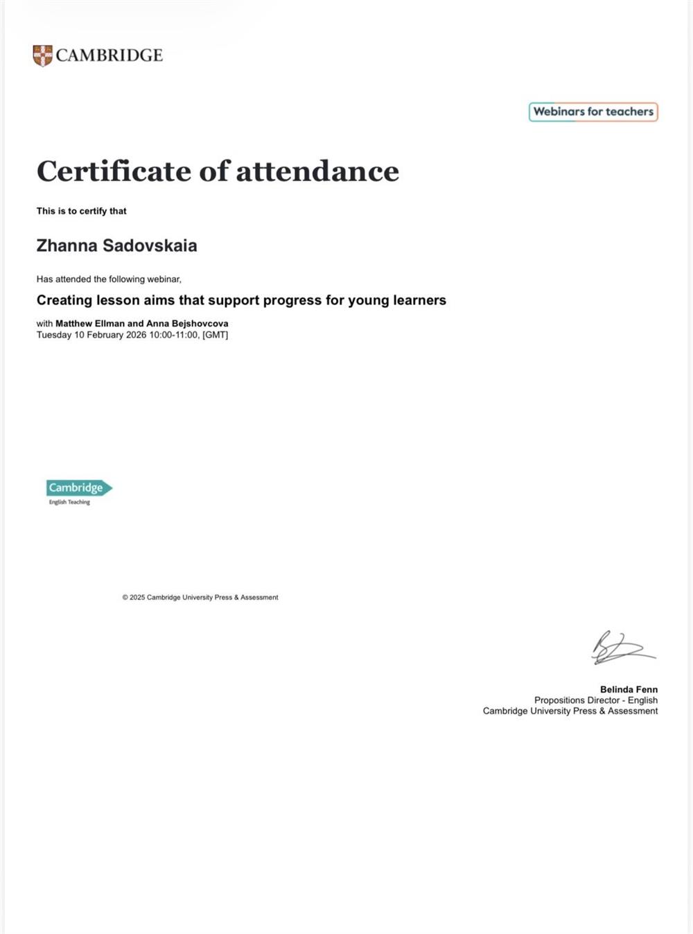 Cambridge Teaching Certificate of attendance (2026)