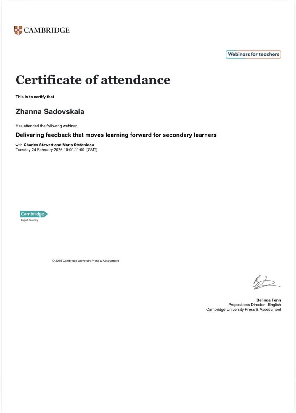 Cambridge Teaching Certificate of attendance (2026)