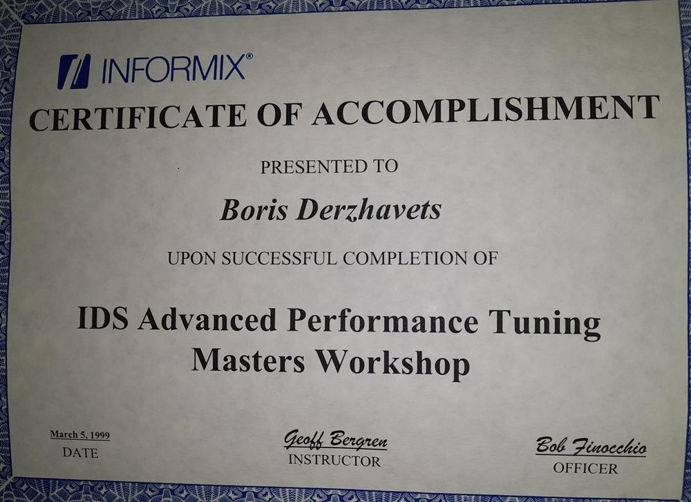 Сертификат. Informix Dynamic Server Advanced Performance Tuning Masters Workshop, Denver,CO . 
