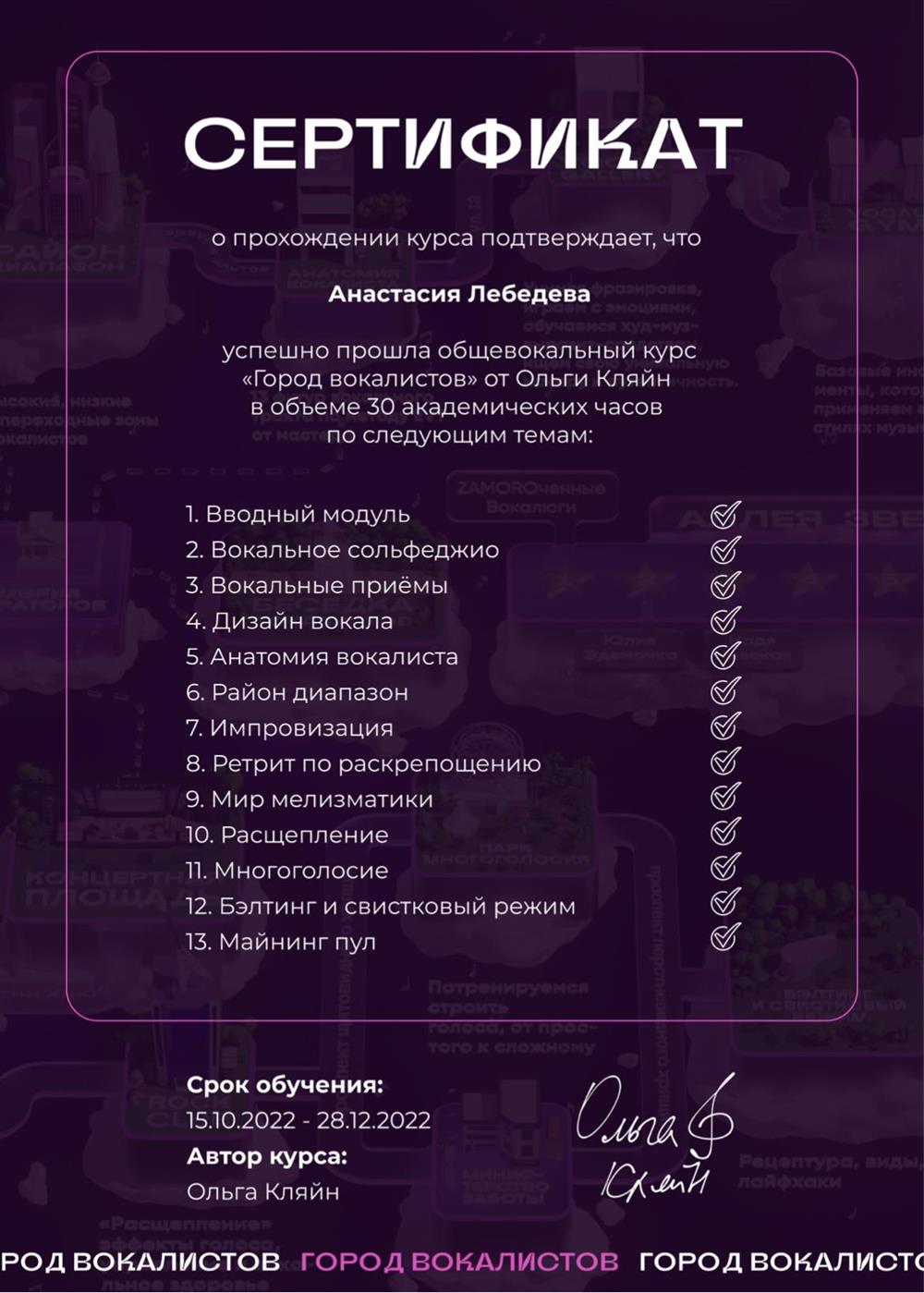 Сертификат. Город вокалистов