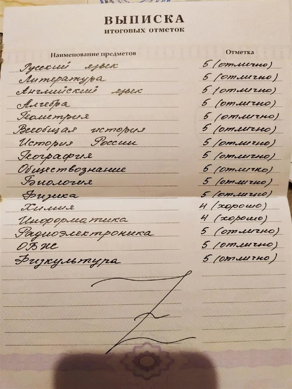 Отметки по школьным предметам