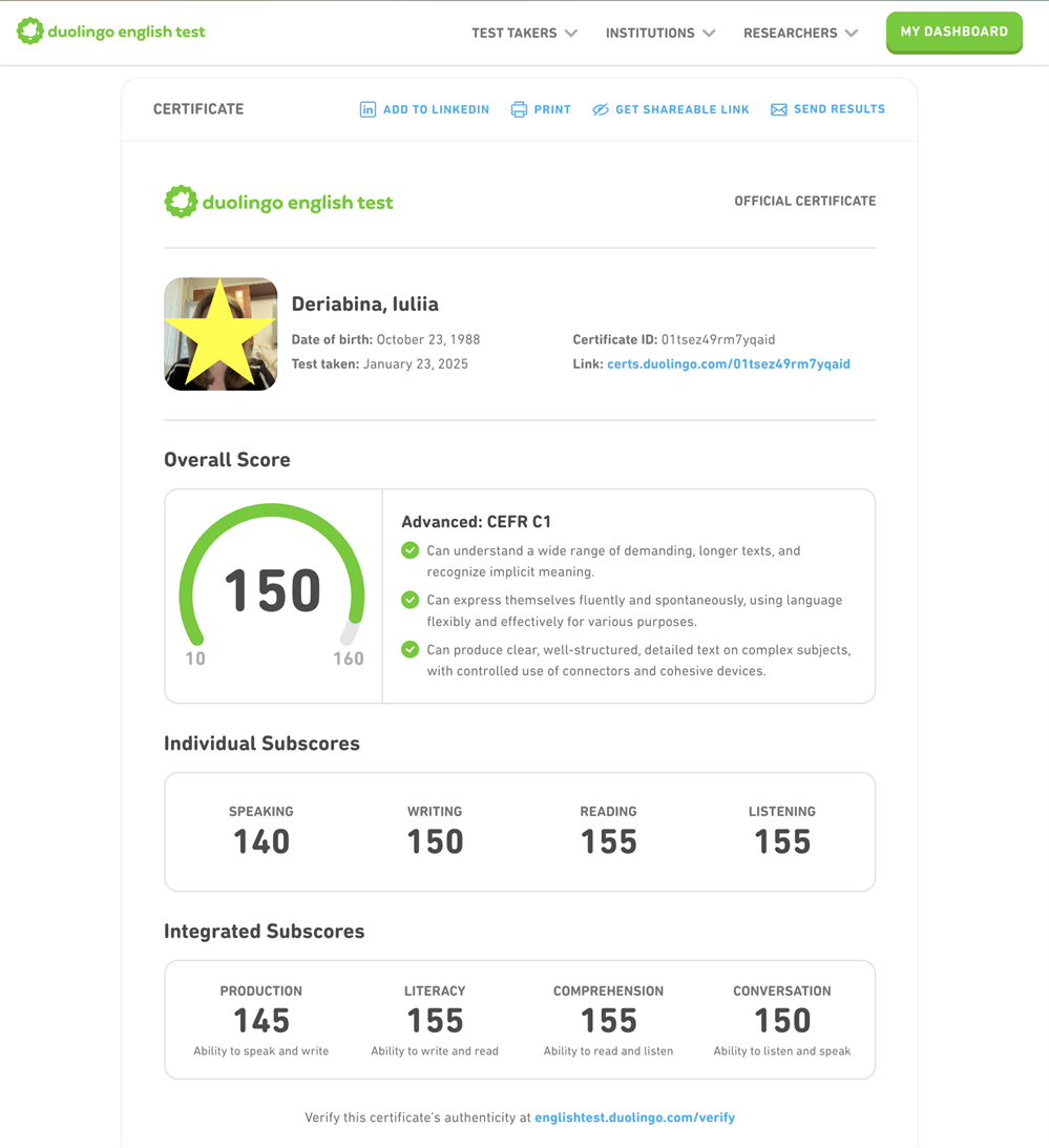 Сертификат. Duolingo English Test - результат C1