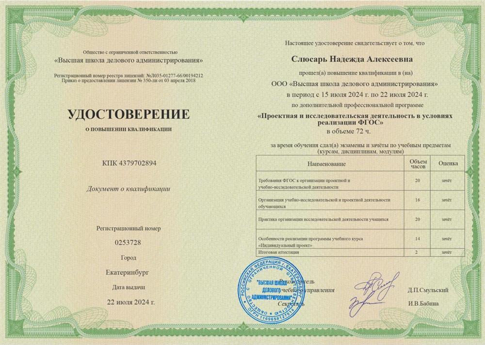 Удостоверение о повышении квалификации.