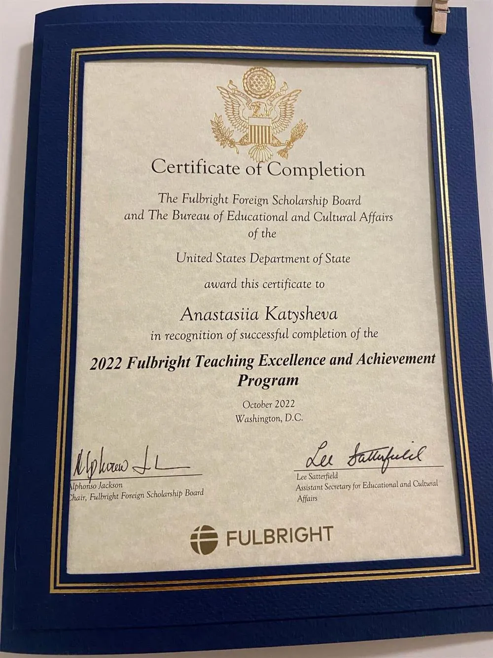 Сертификат о прохождении стажировки для преподавателей в США