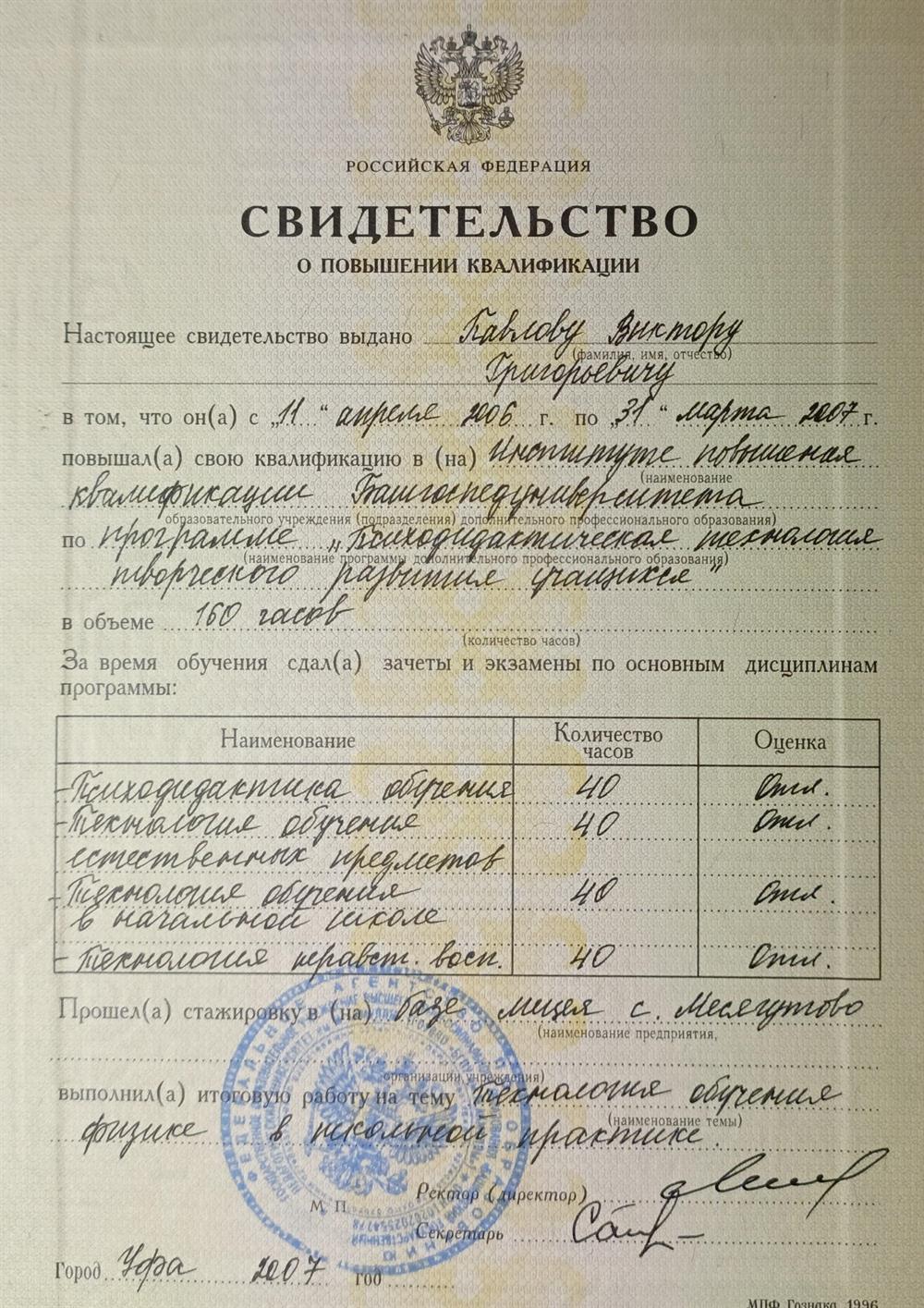 Свидетельство. Повышение квалификации