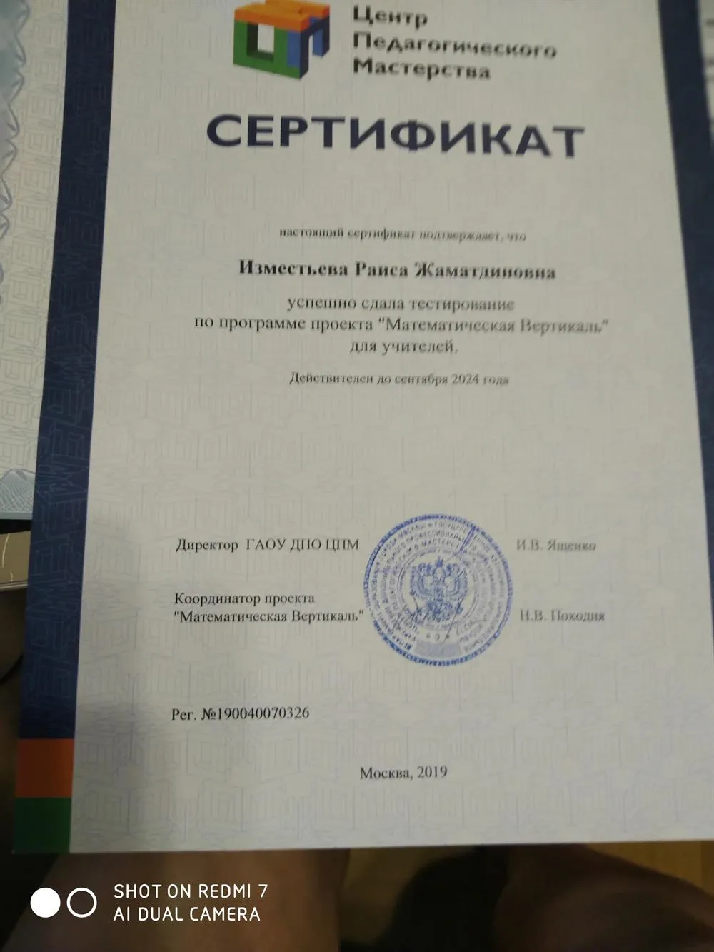 Сертификат Математическая вертикаль