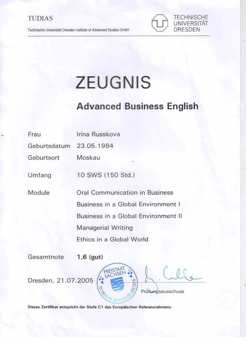 Advanced Business English (Dresden Technical University, Germany)