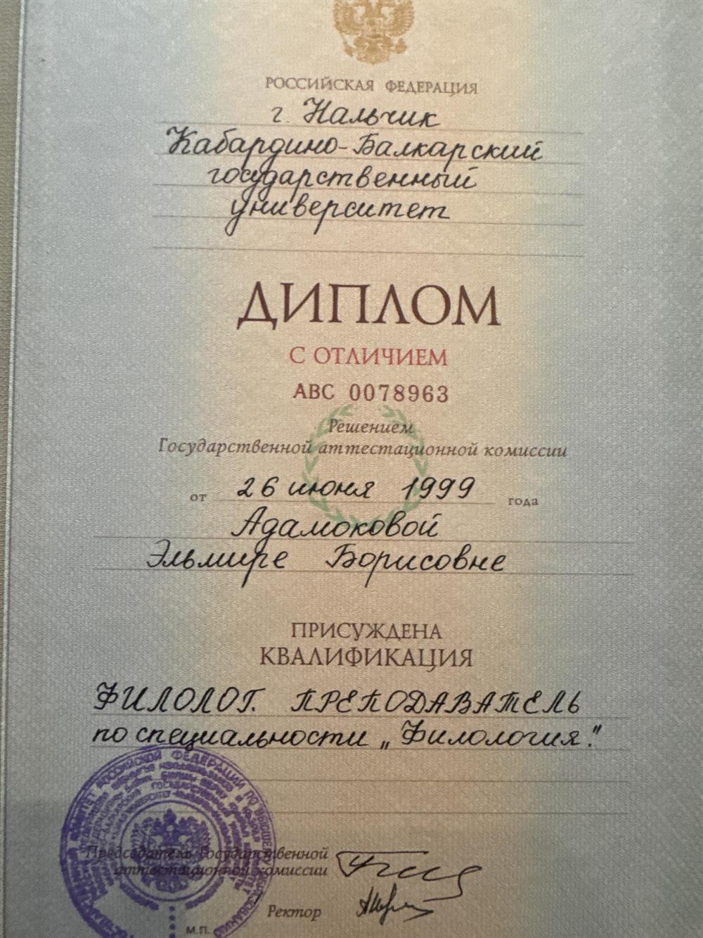 Диплом с отличием о квалификации Филолог.Преподаватель по специальности Филология. 