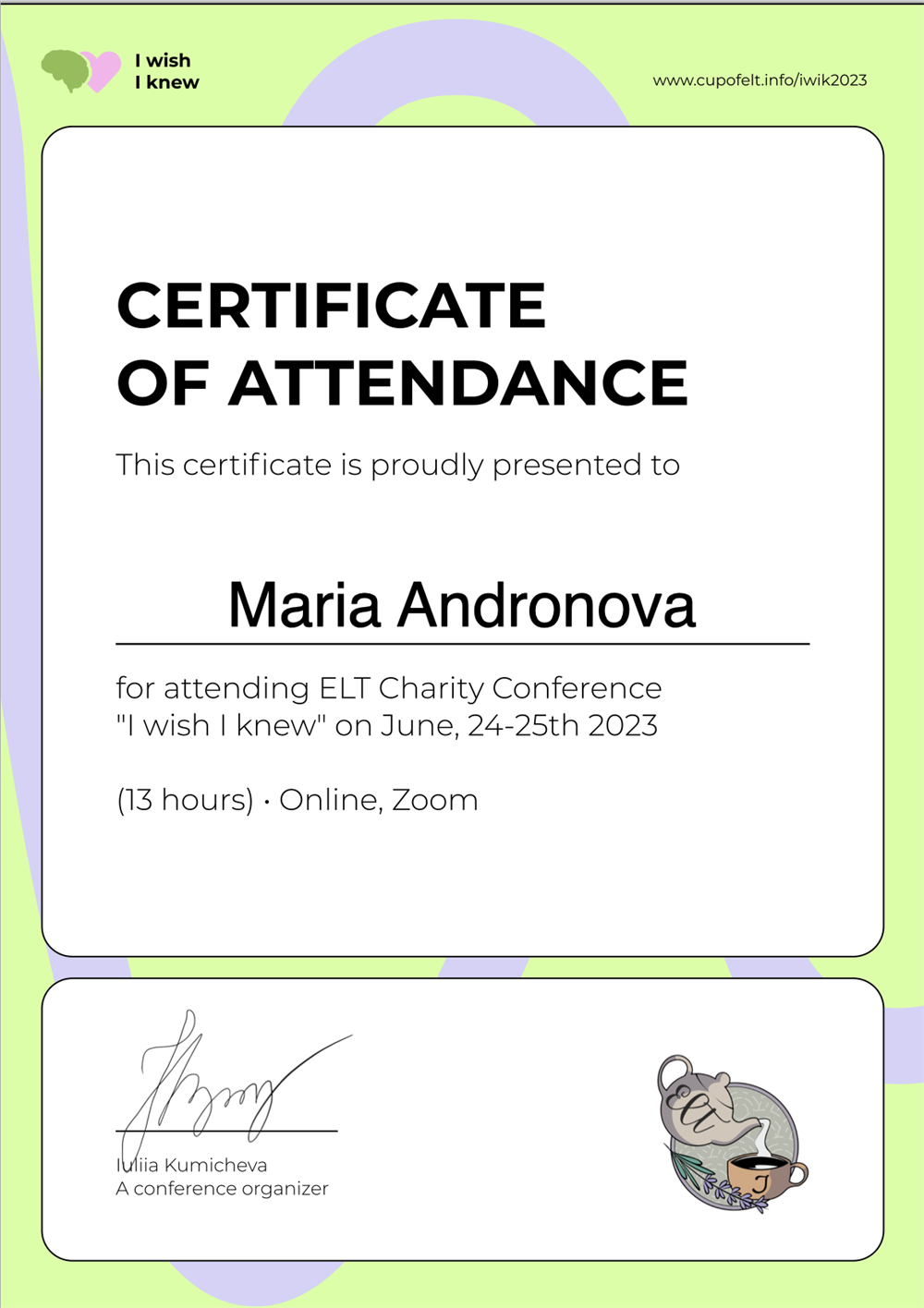 Certificate of Attendance ELT Conference 