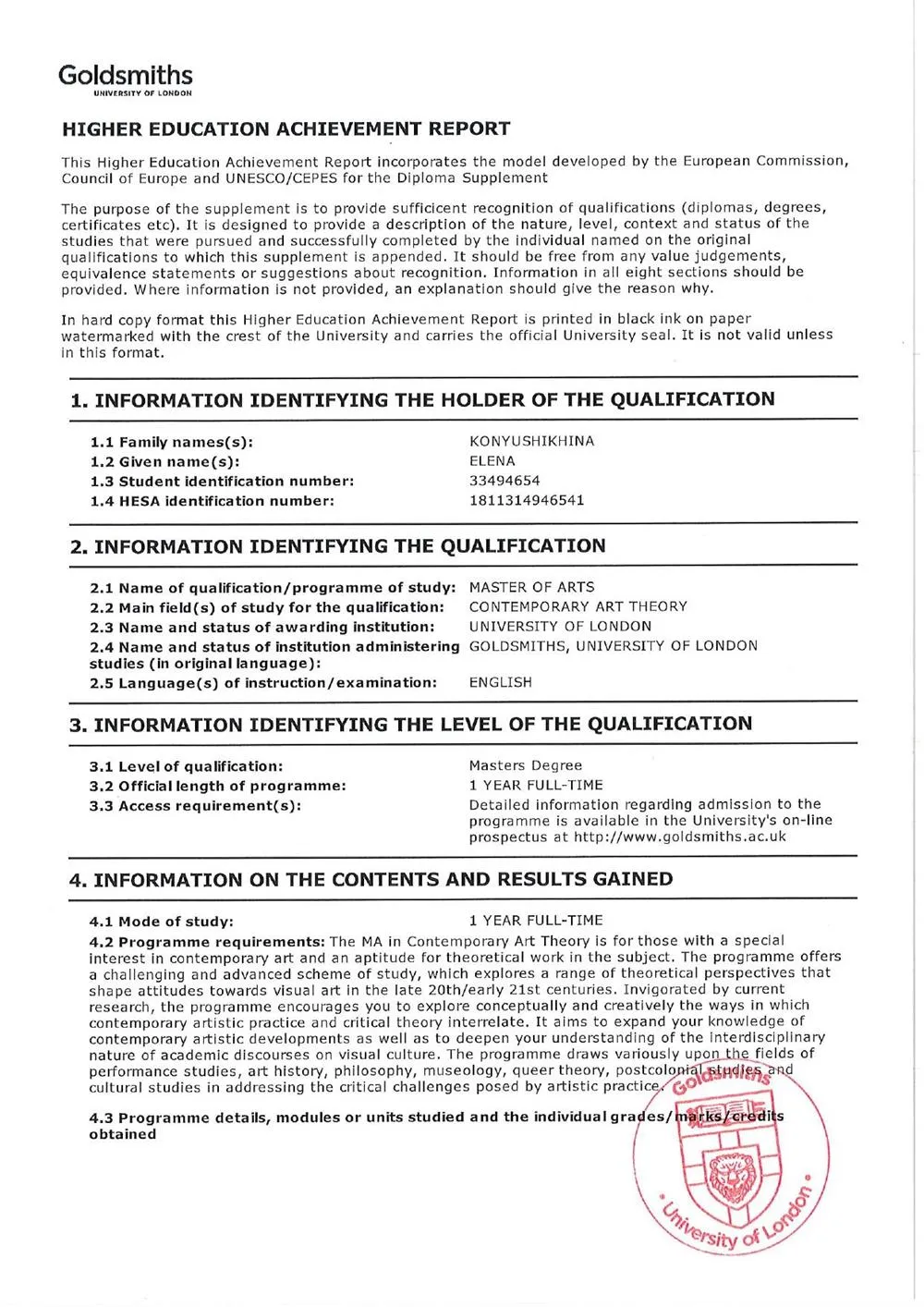 Master of Arts Degree (Goldsmiths University) 