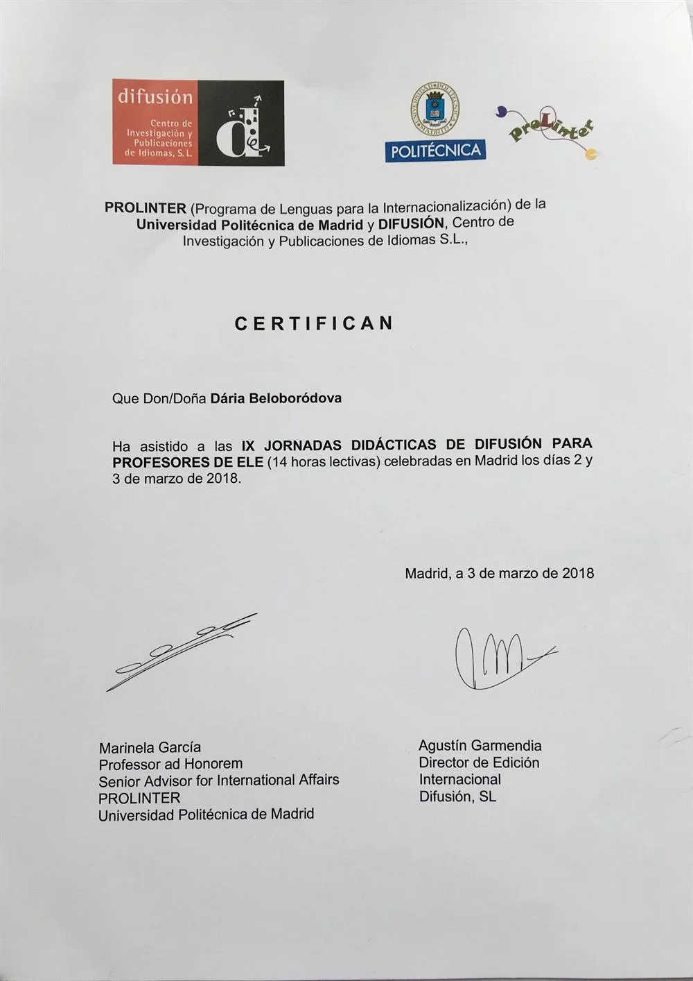 Сертификат, семинар для преподавателей ELE в Мадриде