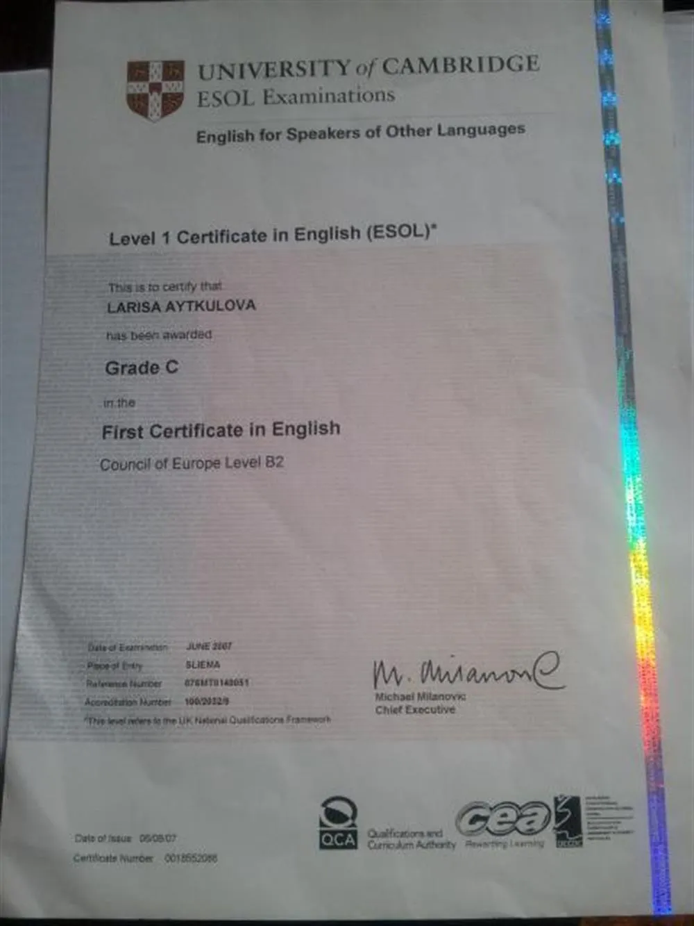 FCE  (First Certificate in English, Malta, 2007)