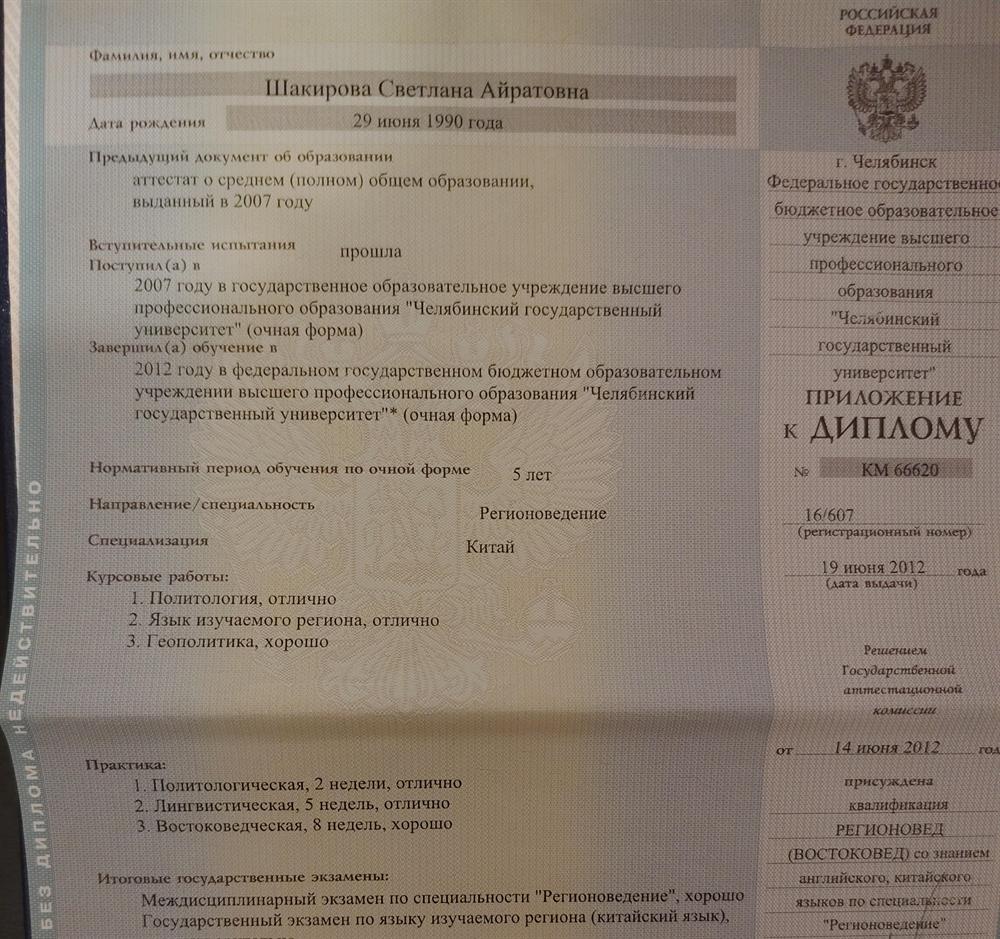 Приложение к диплому о высшем образовании