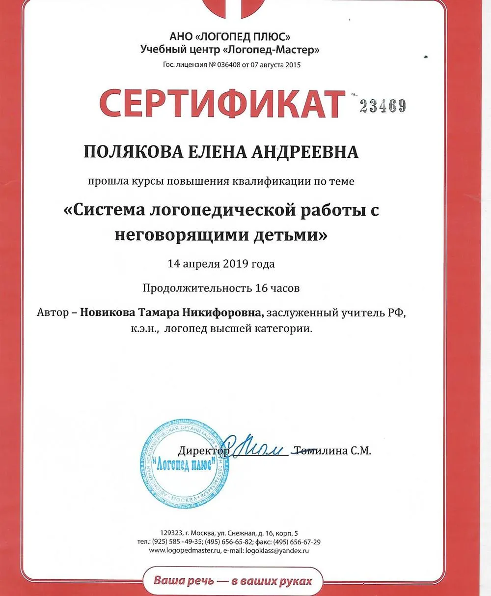 Сертификат "Система работы с неговорящими детьми"